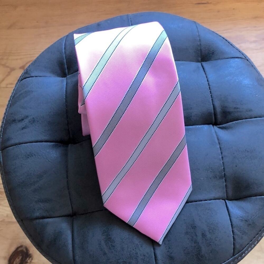 Imani Uomo Silk Tie Pink Gray Stripe Italian Made Like New Men's